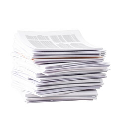 A tall stack of white paper documents and reports piled high on a dark background