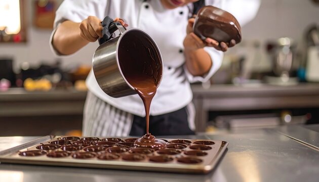 Chef pouring melted chocolate into molds (1) - Powered by Adobe