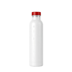 A sleek white reusable water bottle with a bright red cap isolated on a pure black background