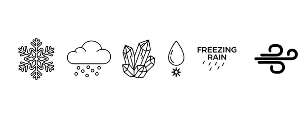 Collection of weather icons representing snow, hail, crystals, freezing rain, and wind
