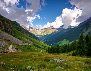 Mountain valley scene with wildflowers and a dirt road