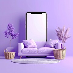 Purple living room scene with a phone