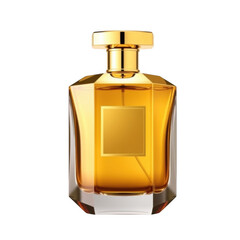 Elegant golden perfume bottle with faceted glass and gold cap on a black background