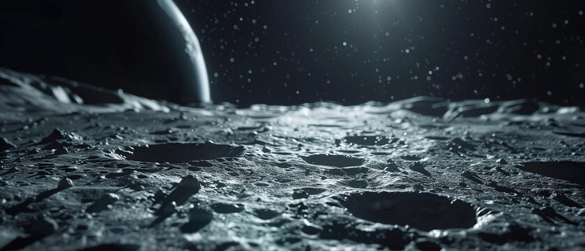 Ethereal moon surface landscape with distant earth and stars in deep space exploration photography