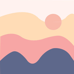Minimalist abstract landscape illustration with soft pastel colors, layered hills, and a sun on the horizon. Perfect for wall art, backgrounds, posters, and modern digital designs.