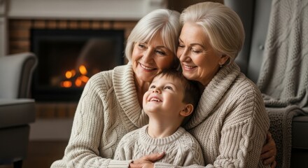 Joyful child embraced by loving grandmothers sharing warmth and laughter by a cozy fireplace