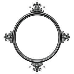 Ornate antique silver circular frame with floral embellishments on a black background