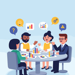 Group of people in a meeting discussing charts and graphs around a table with speech bubbles above