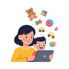 Mother and child using tablet with toys floating around them in a cartoon style illustration