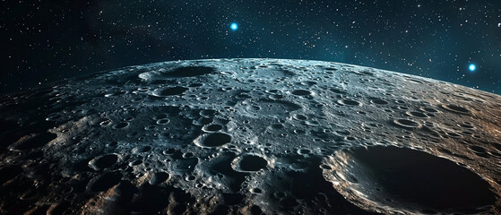 Detailed surface of the moon with impact craters and starry sky above it