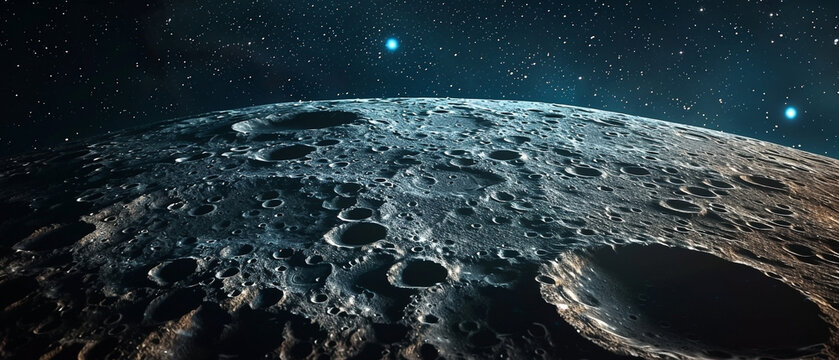 Detailed surface of the moon with impact craters and starry sky above it - Powered by Adobe