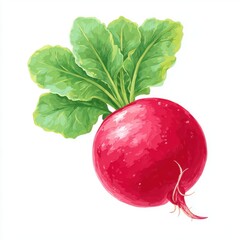 Vibrant Red Radish with Green Leaves on White Background