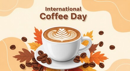 Obraz premium Savor the aroma of International Coffee Day with a perfectly crafted latte amidst autumn leaves