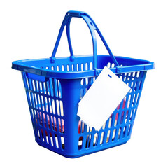 Bright blue plastic shopping basket with blank white tag for customization on black background