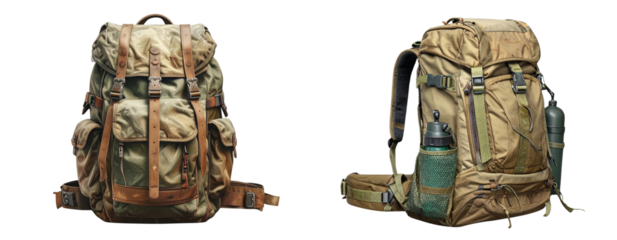 Side View of Adventure Hiking Backpack with Water Bottle Holder, Isolated on Transparent Background PNG