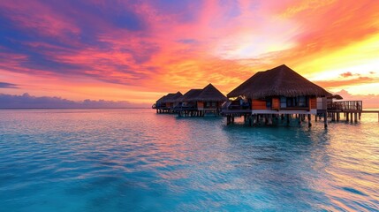Picturesque overwater bungalows with thatched roofs,  on blurred background