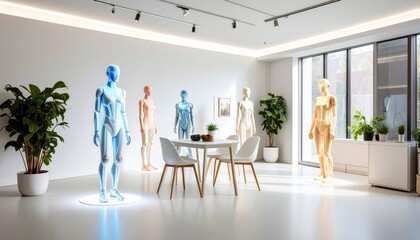 Futuristic Holographic Meeting in White Room with Digital Avatars and Modern Furniture under Bright Lighting