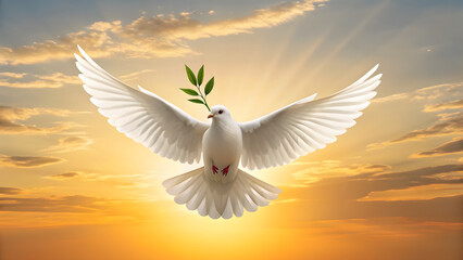 Obraz premium Title: White dove flying with olive branch in sunlight symbol of peace and freedom 