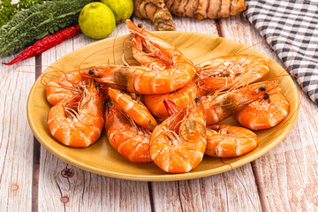 Tasty hot big boiled prawns