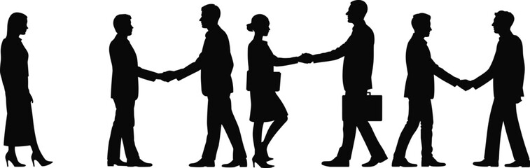 Business people handshake, corporate deal, professional agreement, teamwork success, office collaboration, partnership concept, silhouette illustration, flat vector illustration