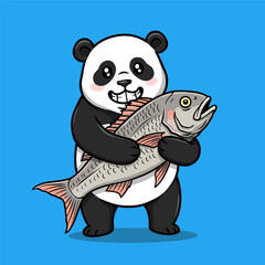 Cartoon panda with rosy cheeks happily holding a large fish, standing upright against a bright blue background.