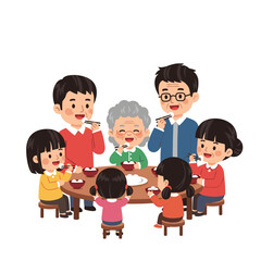Cartoon illustration of a multi generational family eating together around a round table with bowls