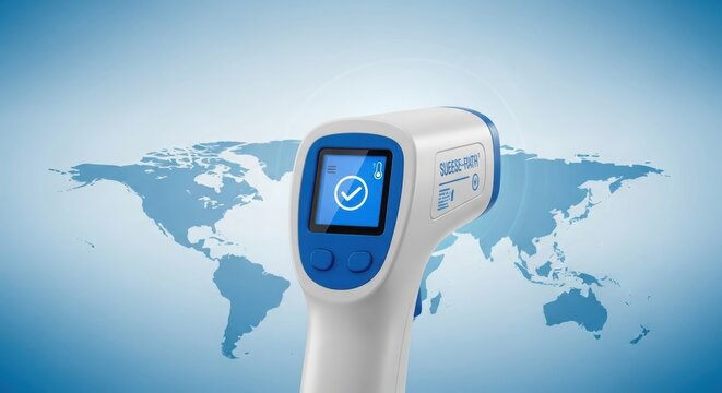 Modern infrared thermometer displays checkmark symbol against world map, signifying global health monitoring and safety.