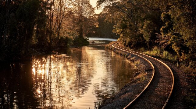 Train tracks winding through waterway