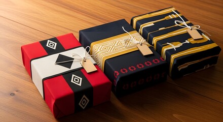 Beautifully wrapped gifts with unique designs and ribbons on a wooden surface for any occasion