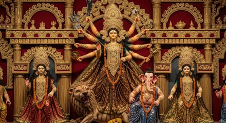 Fototapeta premium Majestic Durga Puja idol with fierce lion and Ganesha in ornate golden temple setting