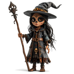 Naklejka premium Adorable witch doll with sugar skull face paint and ornate staff.
