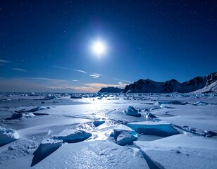 Arctic landscape at night under a full moon