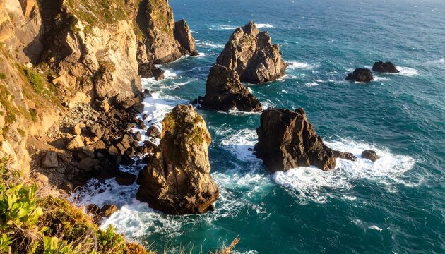 Rugged coastline, crashing waves, rocky outcrops - Powered by Adobe