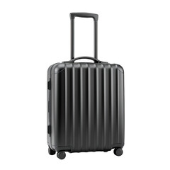 Modern dark grey ribbed hard shell rolling suitcase with telescoping handle on a black background