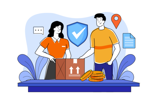 Shipping Protection Illustration with Man and Woman and Cardboard Box in Blue and Orange Tones