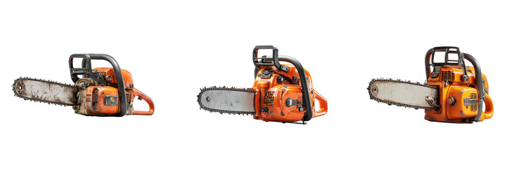 Set of orange chainsaw isolated on a transparent background
