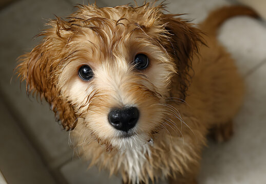 Overhead view of a wet miniature goldendoodle (groodle) puppy sitting on a bathroom floor after being washed