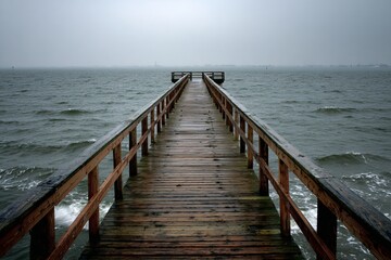 Wooden pier extending into stormy sea