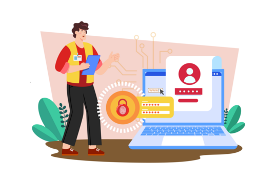 Security System Illustration Featuring a Man Checking Access Information on a Laptop with a Digital Padlock and Transparent Background