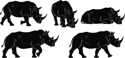 Naklejka premium Silhouette of Rhino in Different Poses, Walking, Grazing, Resting, Peaceful Wildlife Vector Art, Black and White Drawing, Nature