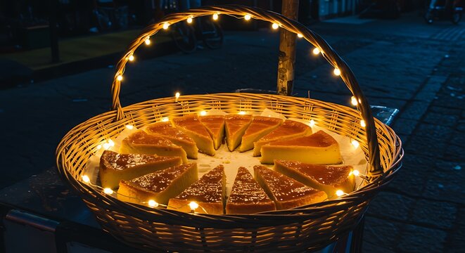 Basket of cake slices illuminated with string lights against a dark background
