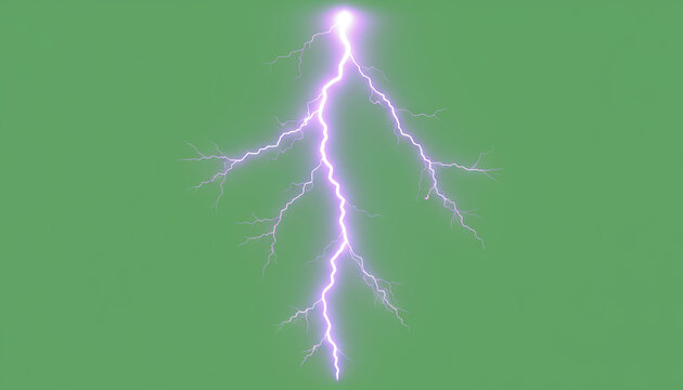 A striking purple lightning bolt illuminates the sky, showcasing the raw power of nature in a vibrant green backdrop.