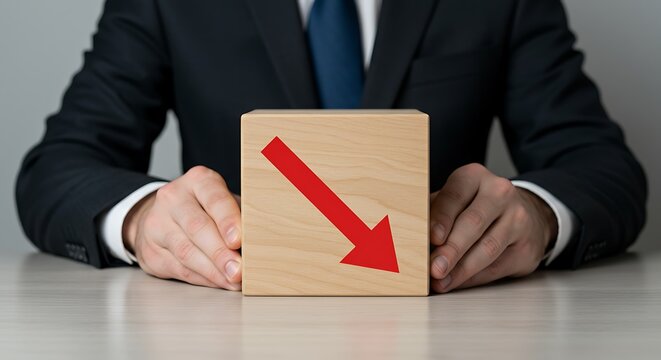 Businessman holding wooden block with downward arrow concept