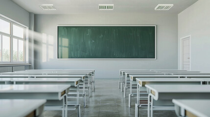 Classroom interior with desks and chalkboard creating an academic environment that is suitable for