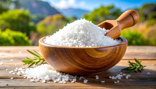 Coarse sea salt crystals piled in a rustic wooden bowl with a scoop and rosemary sprigs in a natural outdoor setting.