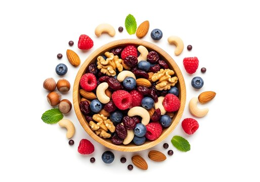 A wooden bowl filled with mixed nuts and berries on a white background studio shot