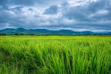 Obraz premium Green rice field with mountains under cloudy sky