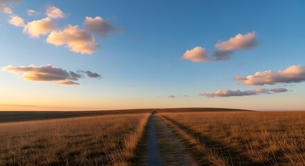 Obraz premium Path through golden field under a serene sky with scattered clouds at sunset or sunrise