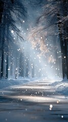 Snowy Forest Path with Falling Snow and Light Beams Dark Woodland Scene
