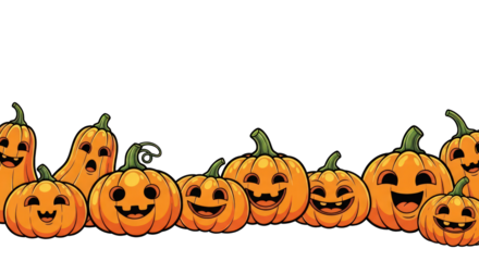 Halloween pumpkins with carved faces smiling together